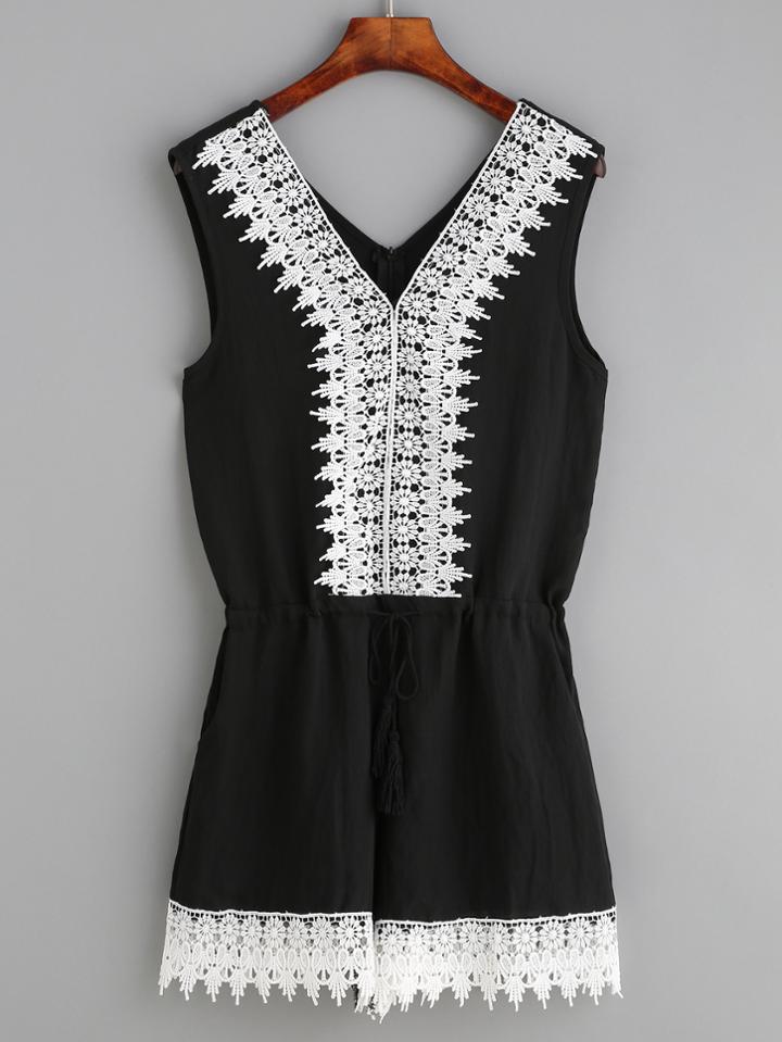 Romwe Black Contrast Crochet Trim Drawstring Romper