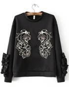 Romwe Black Flower Embroidery Crew Neck Sweatshirt