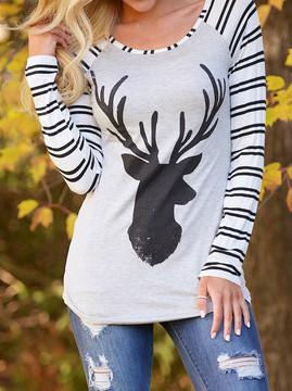 Romwe Deer Print Striped T-shirt