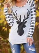 Romwe Deer Print Striped T-shirt
