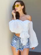 Romwe Bardot Oversized Lantern Sleeve Belted Eyelet Top