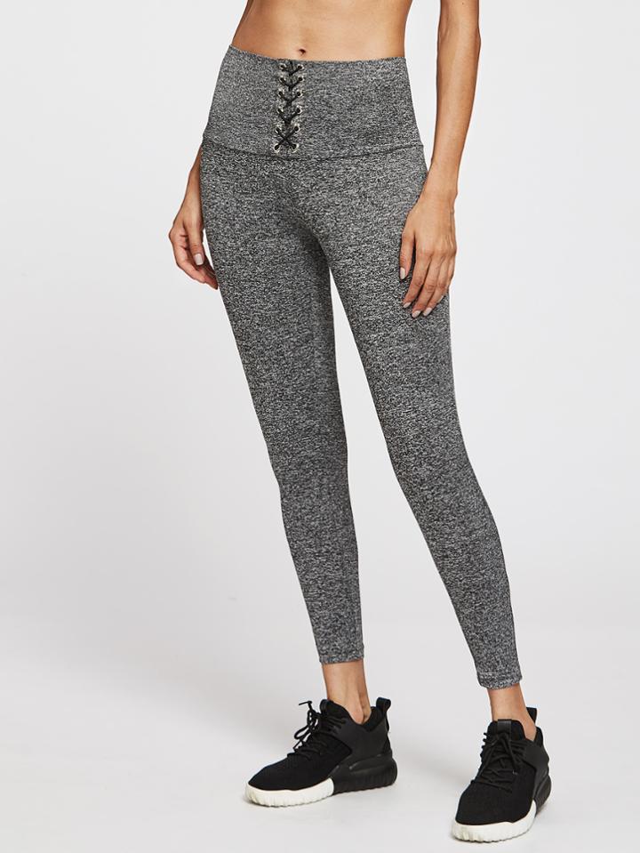 Romwe Lace Up Wide Waistband Marled Leggings