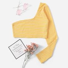 Romwe Ribbed One Shoulder Striped Tee