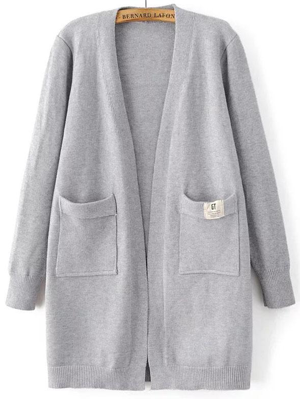 Romwe Grey Collarless Ribbed Trim Pocket Georgia Tech Cardigan