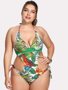 Romwe Tropical Print Backless Swimsuit