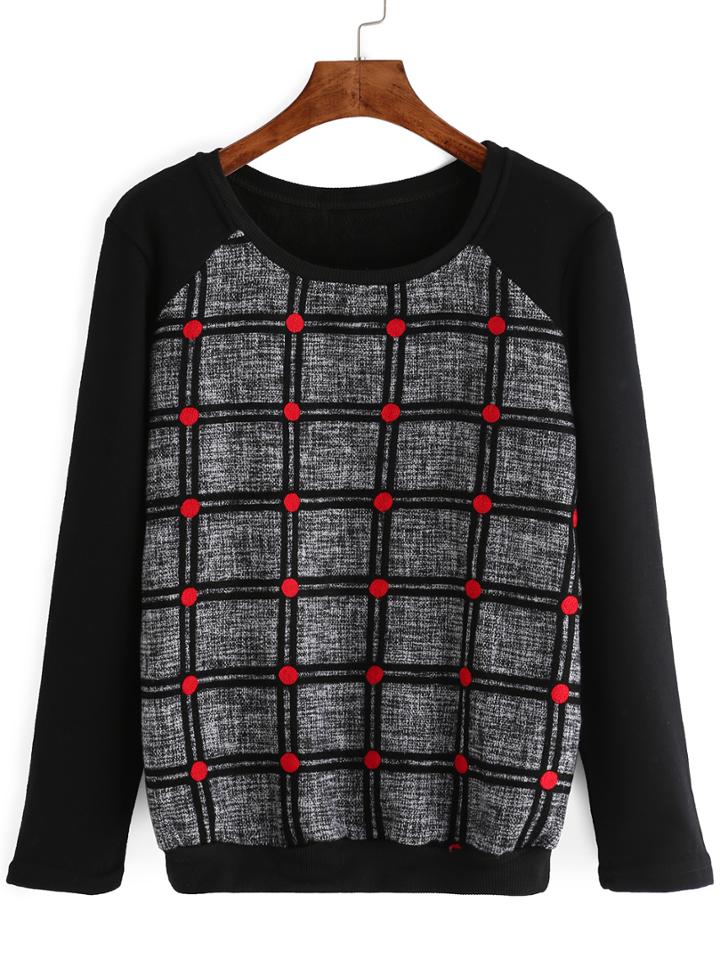 Romwe Plaid Crochet Contrast Sweatshirt