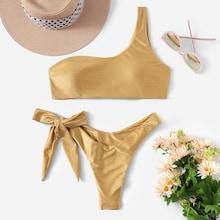 Romwe One Shoulder Solid Knot Bikini Set