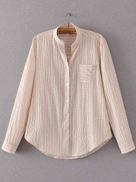 Romwe Light Pink Vertical Striped Curved Hem Blouse With Pocket