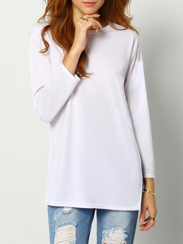 Romwe White Dip Hem Split Side T-shirt
