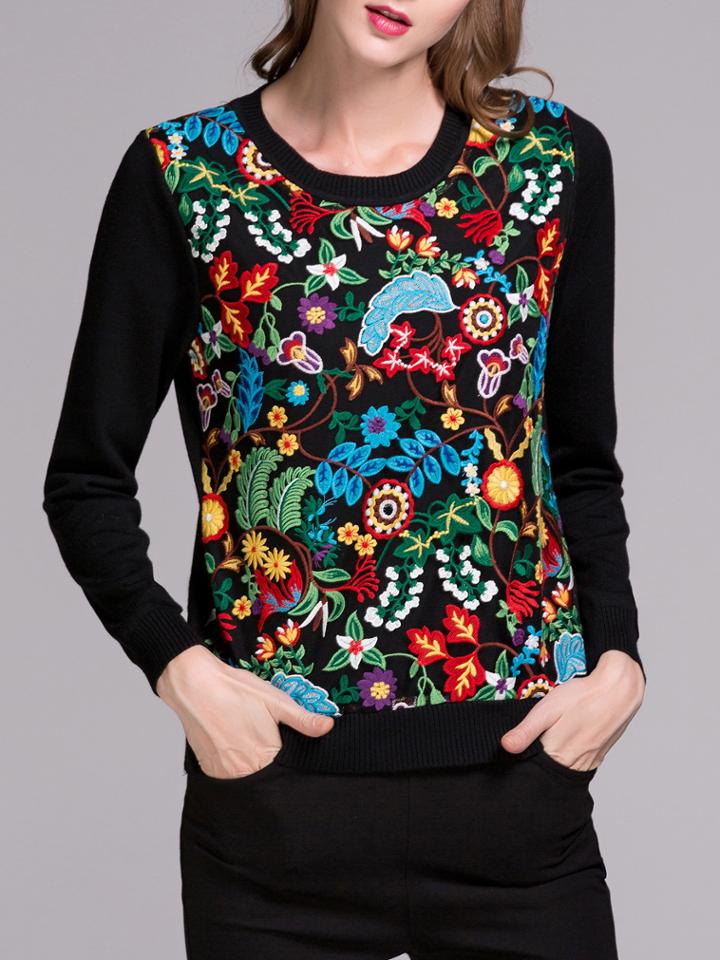 Romwe Black Crew Neck Flowers Embroidered Sweatshirt