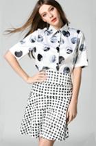 Romwe Lapel Short Sleeve Top With Polka Dot A-line Skirt
