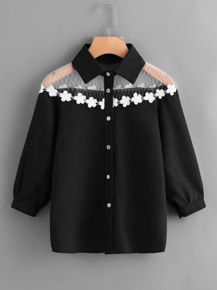 Romwe Contrast Lace Appliques Shirt