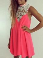Romwe Pink Sleeveless Lace Collar Loose Dress