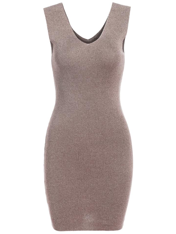 Romwe V Neck Knit Bodycon Khaki Dress