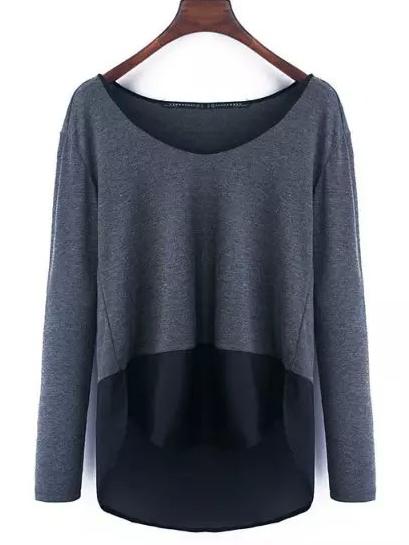 Romwe High Low Contrast Hem Blue Blouse