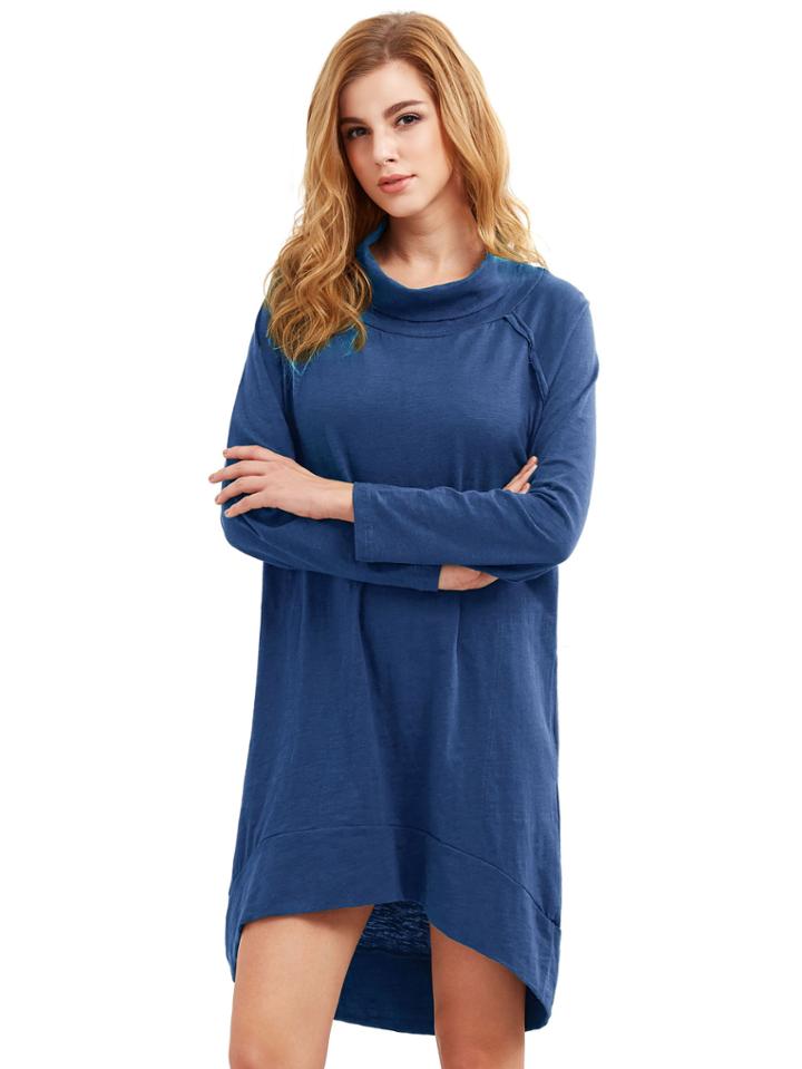 Romwe Royal Blue Cowl Neck Long Sleeve High Low Dress