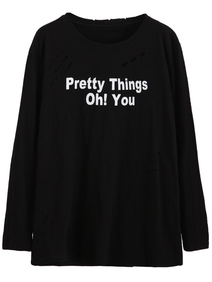 Romwe Black Letter Print Ripped T-shirt