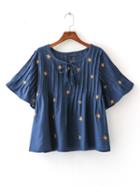 Romwe Navy Bell Sleeve Self Tie Star Broomstick Blouse
