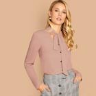 Romwe Tie Neck Button Solid Top