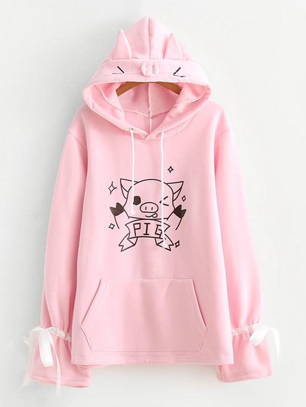 Romwe Cartoon Print Tied Cuff Hoodie