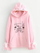 Romwe Cartoon Print Tied Cuff Hoodie
