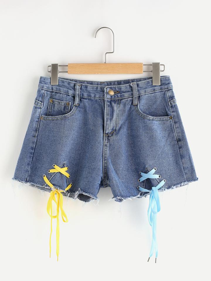 Romwe Eyelet Lace Up Fray Hem Denim Shorts