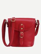 Romwe Buckled Strap Flap Bucket Bag - Red