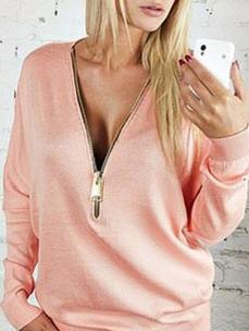 Romwe V Neck Zipper Pink T-shirt