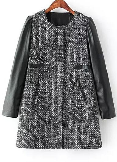 Romwe Black Contrast Pu Leather Tweed Coat