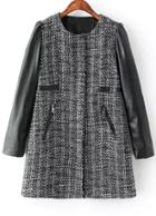 Romwe Black Contrast Pu Leather Tweed Coat