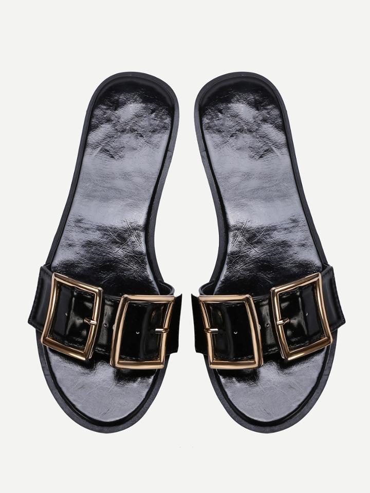 Romwe Black Open Toe Patent Leather Flat Slippers