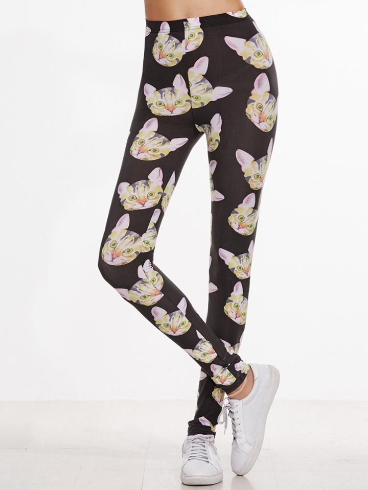 Romwe Black Cat Print Skinny Leggings