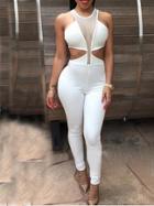 Romwe Sheer Mesh Cut Out White Jumpsuit