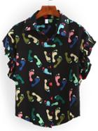 Romwe Ruffled Sleeve Foot Print Blouse - Black