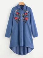 Romwe Embroidered Patch Dip Hem Denim Shirt Dress