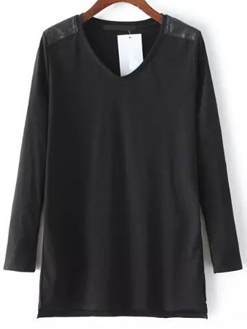 Romwe V Neck Contrast Pu Dip Hem Black T-shirt