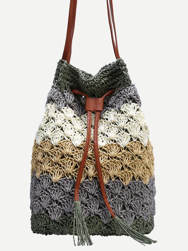 Romwe Color Block Scallop Straw Drawstring Bucket Bag