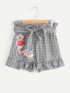 Romwe Embroidered Flower Applique Self Tie Frilled Gingham Shorts