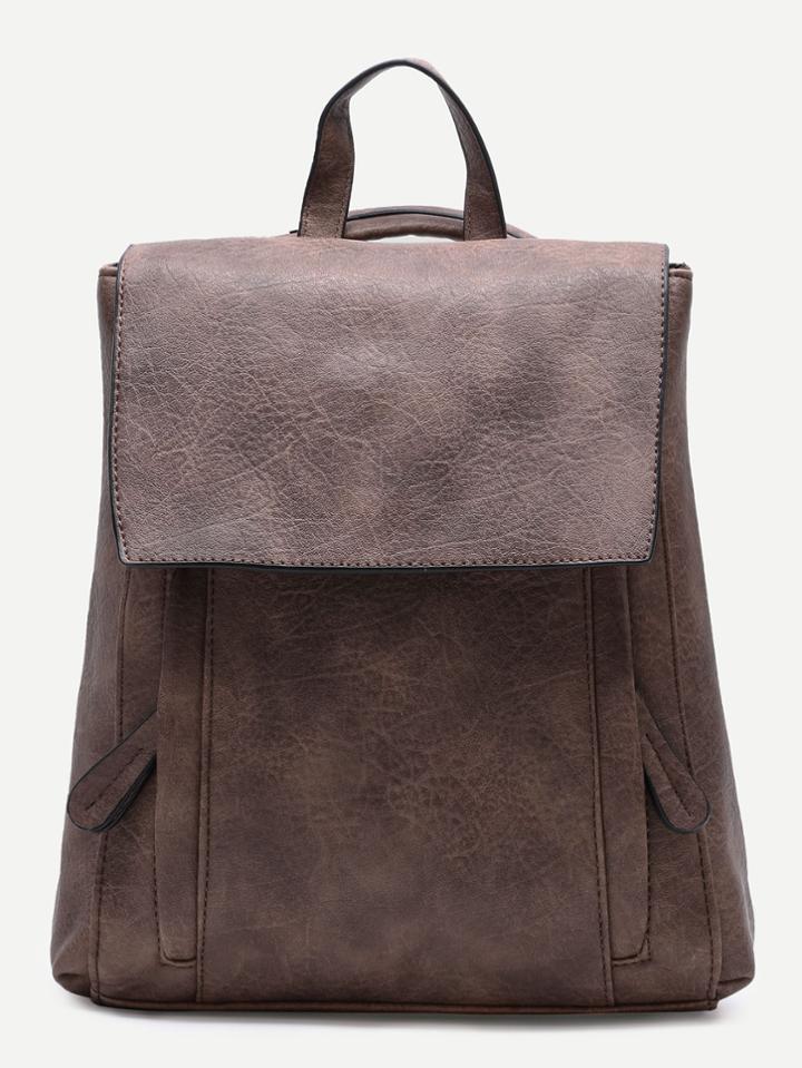 Romwe Coffee Pu Front Zipper Flap Backpack