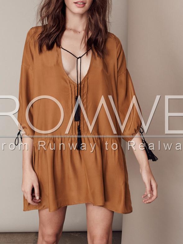 Romwe Brown Deep V Neck Ruffle Dress