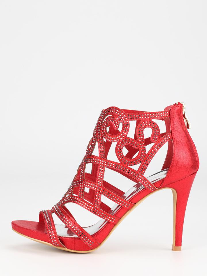 Romwe Red Faux Suede Laser-cut Peep Toe Sandals