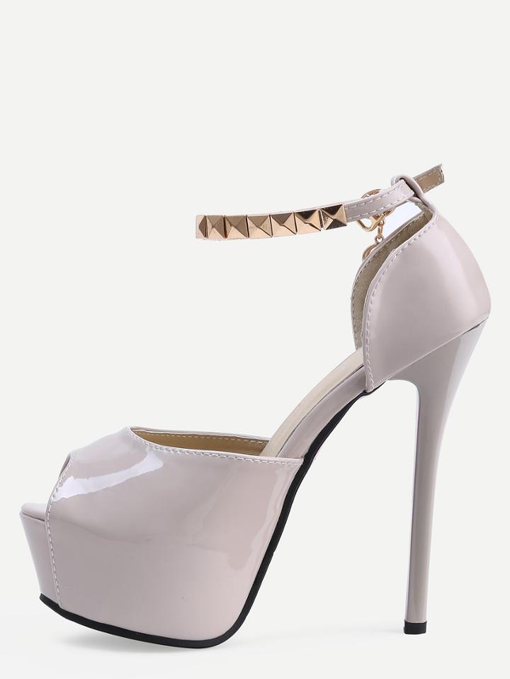 Romwe Grey Studs Ankle Strap Stiletto Mule Sandals