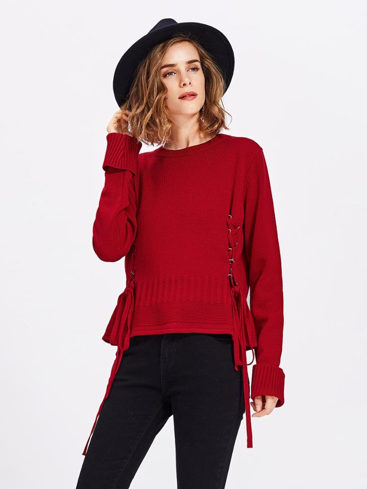 Romwe Ribbed Roll Cuff Lace Up Jumper