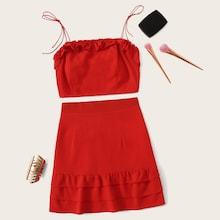 Romwe Frill Trim Cami Top With Layered Hem Skirt