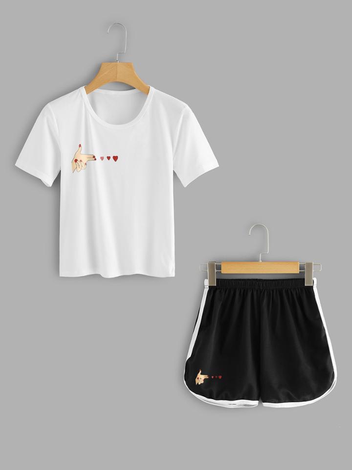 Romwe Heart Print Tee With Dolphin Shorts