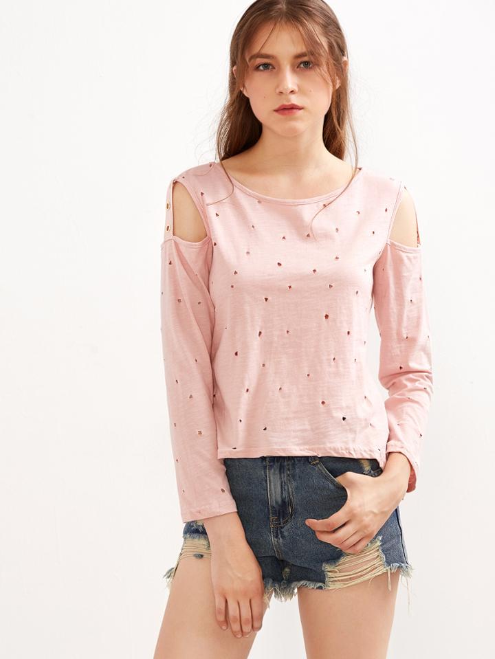 Romwe Pink Distressed Metal Eyelet Cut Out Dip Hem T-shirt