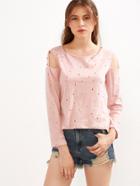 Romwe Pink Distressed Metal Eyelet Cut Out Dip Hem T-shirt