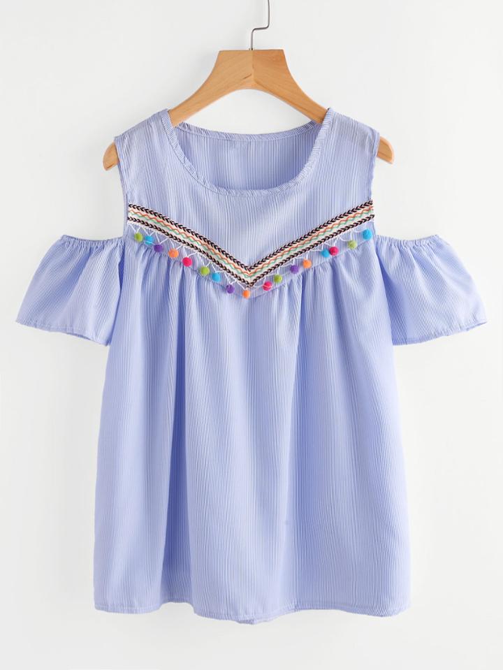 Romwe Open Shoulder Pinstripe Pompom Trim Embroidered Taped Blouse