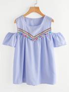 Romwe Open Shoulder Pinstripe Pompom Trim Embroidered Taped Blouse