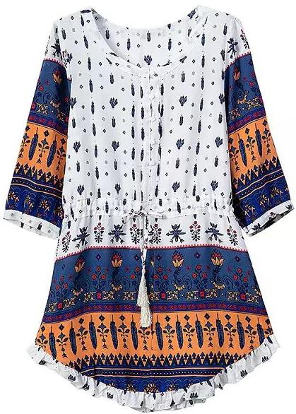 Romwe Round Neck Drawstring European Style Print Navy Dress